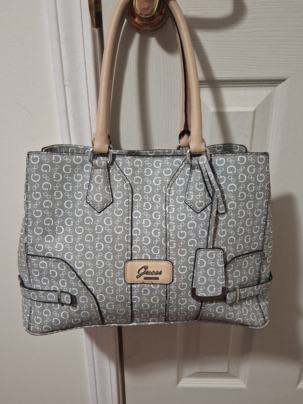 GUESS Gray Monogram Tote with Beige Handles